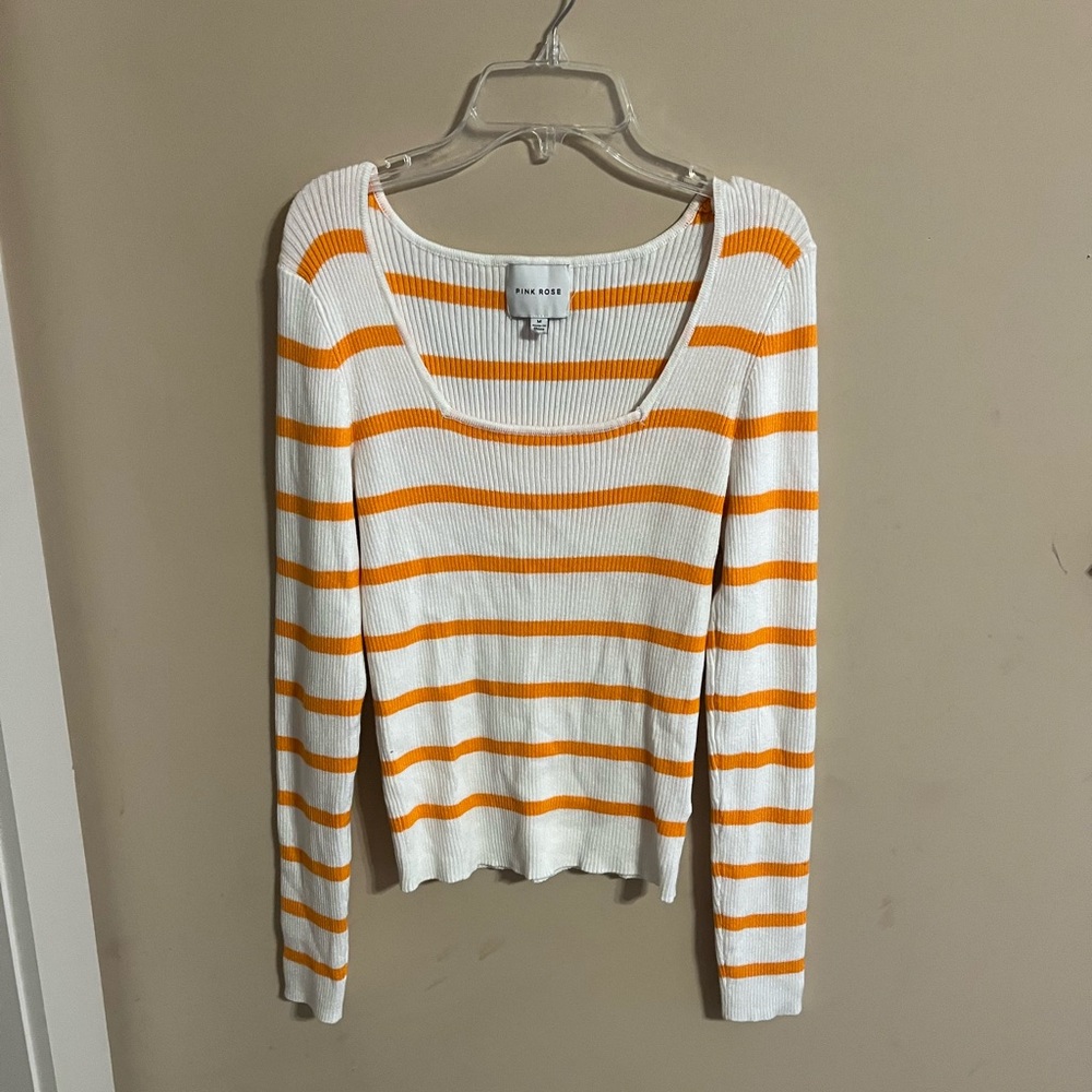 Pink rose long sleeve white with orange stripes shirt